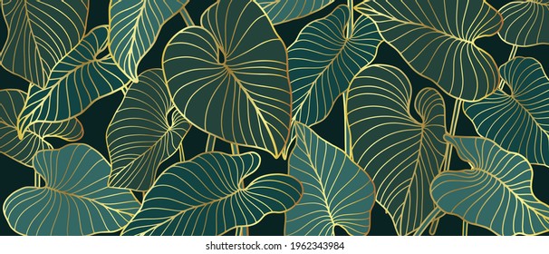 Luxury background with green palm leaves and golden texture. Line art botanical vector illustration. Natural design.