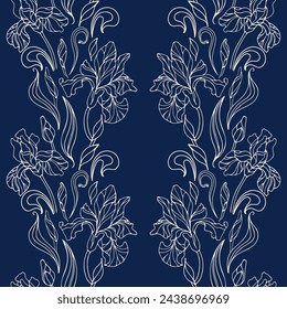 luxury background, iris buds with leaves. Vector vintage illustration in hand drawn style. Art nouveau, modern. Botanical illustration in Japanese style. for wallpaper, fabric printing, packaging.