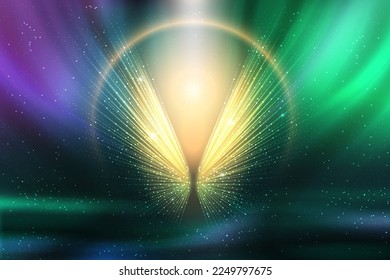 Luxury background with leading lines from point in middle with brilliant glow of dots and round golden light effect frame for product presentation. Magic green and purple abstract vector illustration.