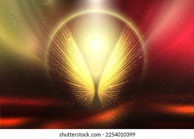 Luxury background with leading lines from point in middle with brilliant glow of dots and round golden light effect frame for product presentation. Magic red and yellow abstract vector illustration.