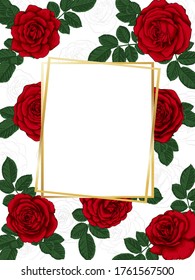 Luxury background. Marbling texture, gold geometric polygonal lines, red roses, buds, leaves. design greeting card and invitation of wedding, birthday, Valentine Day, mother day, anniversary, holiday