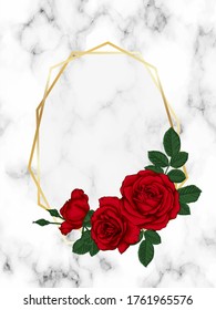 Luxury background. Marbling texture, gold geometric polygonal lines, red roses, buds, leaves. design greeting card and invitation of wedding, birthday, Valentine Day, mother day, anniversary, holiday