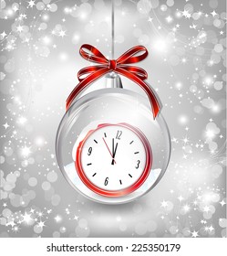 Luxury background with New year clock in Christmas ball, bow and snowflakes. Vector