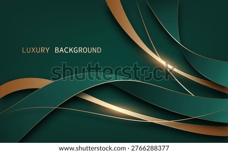 Luxury background on a green gradient with smooth, flowing wave layers and elegant metallic gold ribbons. Vector Illustration
