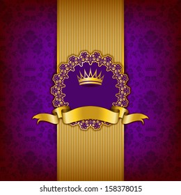 Luxury background with ornament, frame, crown, ribbon and place for text. Floral elements, ornate background. Vector illustration EPS10.