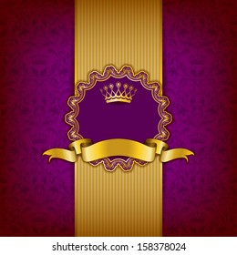 Luxury background with ornament, frame, crown, ribbon and place for text. Floral elements, ornate background. Vector illustration EPS10.