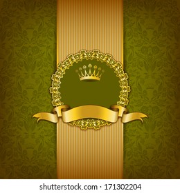 Luxury background with ornament, frame, crown, ribbon and place for text. Floral elements, ornate background. Vector illustration EPS10.