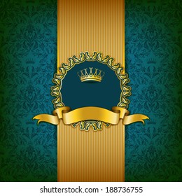 Luxury background with ornament, frame, crown, ribbon and place for text. Vector illustration EPS10