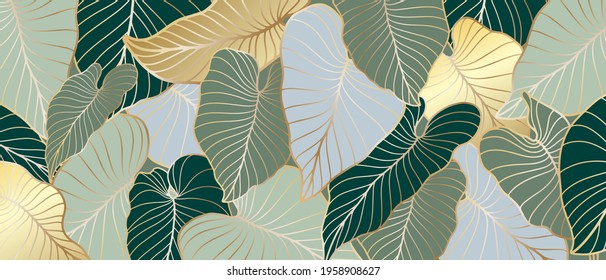 Luxury background with palm leaves and golden texture. Line art botanical vector illustration. Natural design.