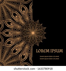 Luxury background peacock feathers pattern vector. Oriental gold black royal wedding invitation. Mandala design for beauty spa salon, birthday, Ramadan, anniversary, holiday cards template.
