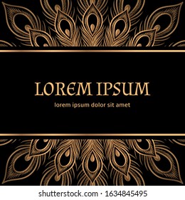 Luxury background peacock feathers pattern vector. Oriental gold black royal wedding invitation. Christmas design for beauty spa salon, birthday, Ramadan, anniversary, holiday cards template.