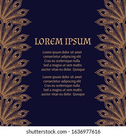 Luxury background peacock feathers pattern vector. Oriental gold black royal wedding invitation. Floral design for beauty spa salon, birthday, Ramadan, anniversary, holiday cards template.