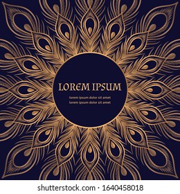 Luxury background peacock feathers pattern vector. Oriental gold black royal wedding invitation. Ethnic design for beauty spa salon, birthday, Ramadan, anniversary, holiday cards template.