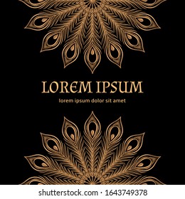 Luxury background peacock feathers pattern vector. Oriental gold black royal wedding invitation. Beautiful design for beauty spa salon, birthday, Ramadan, anniversary, holiday cards template.