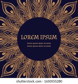 Luxury background peacock feathers pattern vector. Oriental gold black royal wedding invitation. Retro design for beauty spa salon, birthday, Ramadan, anniversary, holiday cards template.