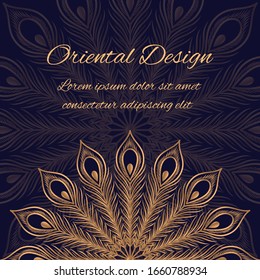 Luxury background peacock feathers pattern vector. Oriental gold black royal wedding invitation. Eastern design for beauty spa salon, birthday, Ramadan, anniversary, holiday cards template.
