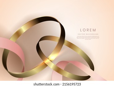 Luxury background with pink ribbon and golden circle shape 3d golden with copy space for text. Vector illustration 