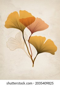 Luxury background, poster with gold and dry ginkgo for banner design, packaging or textile.