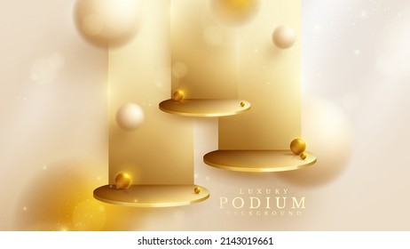 Luxury background with product display podium and 3d gold ball element and blur effect decoration and glitter light and bokeh.