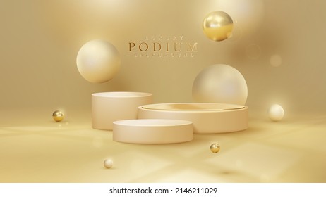 Luxury background with product display podium and 3d gold ball element and blur effect decoration and glitter light with bokeh.