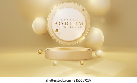 Luxury background with product display podium and 3d gold ball element and blur effect decoration and glitter light and bokeh.