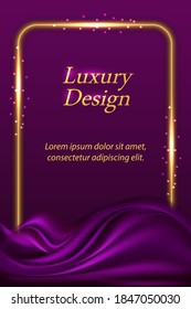Luxury background with purple silk fabric texture and golden glowing border. Luxurious satin drapery and gold rectngular shiny frame. Abstract vector backdrop for banner or poster