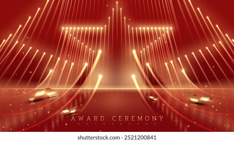 Luxury background with radiant lines forming a glowing star over a red stage with gold ribbon decorations. Ideas for award ceremonies and festive events.