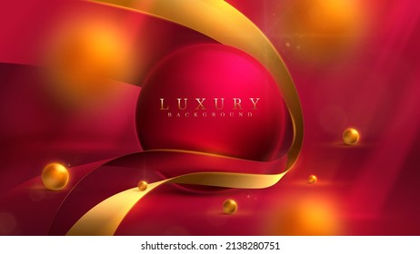 Luxury background with realistic 3d ball and gold ribbon element with glitter light effect decoration and bokeh.