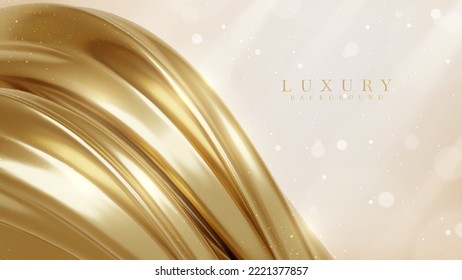 Luxury background with realistic 3d gold metallic liquid elements with glitter light effect and bokeh. Vector illustration.