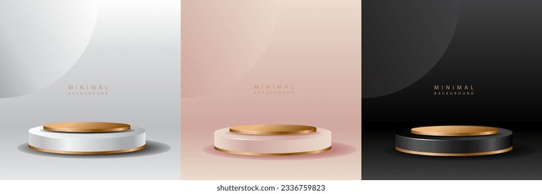 Luxury background with realistic cylinder pedestal podium. Abstract vector rendering geometric forms. Mockup product display. Stand to show products. Minimal wall scene. Stage showcase.