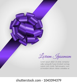 Luxury background with realistic glossy violet gift bow and ribbon.