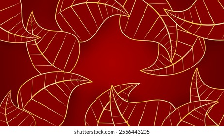 Luxury Background With Red Leaves And Gold Lines. Vector illustration. Abstract Nature Wallpaper