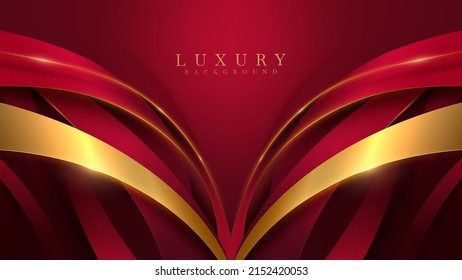 Luxury background with red ribbon element and golden curve line with glitter light effect decoration.