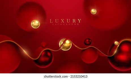 Luxury background with red ribbon element and golden ball with blur effect decoration and glitter light.
