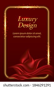 Fondo de lujo con drenaje de seda roja y borde dorado de brillante color dorado .Textura de satén rojo de lujo, marco rectangular dorado brillante. Pancarta o fondo de póster, ilustración vectorial