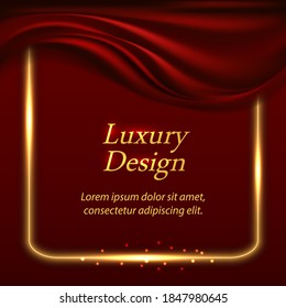 Luxury background with red wilk drapery and gold glowing border .Luxurious red satin fabric texture, shiny golden square frame. Banner or poster backdrop, vector illustration