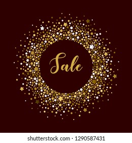 Luxury background with round frame of different sized golden dots and stars. Vector template.