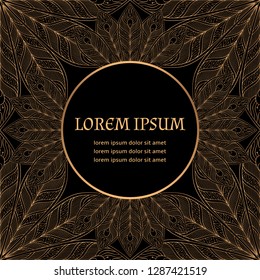 Luxury background royal pattern vector. Peacock feathers wedding invitation. Gold black design for beauty spa salon flyer, anniversary, save the date cards, holiday template.