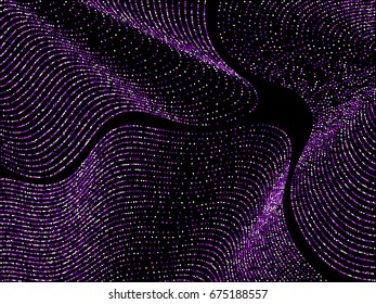 Luxury background with shiny violet round glitters. Holiday structured confetti curved lines. Abstract vector pattern, glowing lights design. Curve lines of multiple colorful circles on black. 