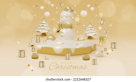 Luxury background with snowman on golden podium and snow elements with 3d realistic christmas ornaments and sparkling light effect decorations and bokeh. Vector illustration.
