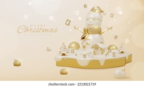 Luxury background with snowman on golden podium and 3d realistic christmas ornaments and sparkling light effect with bokeh decorations and snow. Vector illustration.