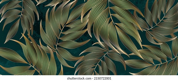 Luxury background with tropical exotic leaves in green and gold colors. Botanical art banner for wallpaper design, decor, interior design, packaging