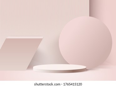 Luxury background vector 3d pink rendering with pedestal luxury minimal pink wall scene, pedestal minimal background 3d rendering abstract shape pink pastel color. pedestal for product pink luxury