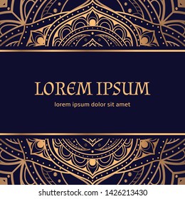 Luxury background vector card template. Gold mandala royal pattern. Moroccan design for Christmas party invitation, Ramadan holiday, New year greeting, beauty spa salon, wedding, save the date.
