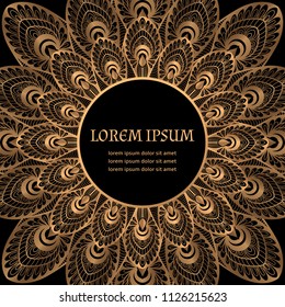 Luxury background vector. Gold black peacock feathers royal pattern frame. Mandala floral design for beauty spa salon flyer, wedding party invitation, new year greeting, holiday card template.
