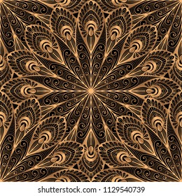 Luxury background vector. Gold black peacock feathers royal pattern seamless. Scale mandala design for yoga wallpaper, beauty spa salon ornament, indian wedding party card, birthday wrapping paper.