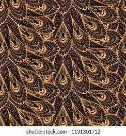 Luxury background vector. Gold black peacock feathers royal pattern seamless. Vintage pakistan design for yoga wallpaper, beauty spa salon ornament, indian wedding party card, birthday wrapping paper.