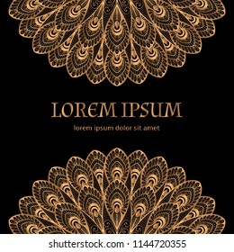 Luxury background vector. Gold black peacock feathers royal pattern frame. Art deco design for beauty spa salon flyer, wedding party invitation, new year greeting, holiday christmas card template.