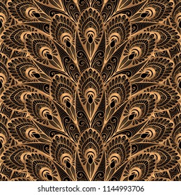Luxury background vector. Gold black peacock feathers royal pattern seamless. Golden fan design for yoga wallpaper, beauty spa salon ornament, indian wedding party card, birthday wrapping paper.