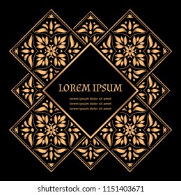 Luxury background vector. Gold black tile royal pattern frame. Retro design for christmas card, new year party invitation, beauty spa salon flyer, wedding ceremony, eid mubarak, ramadan concept.